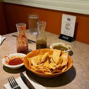 a plate of chips and salsa on a table