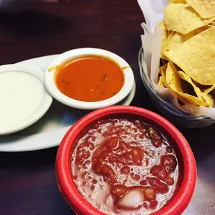 Chips and salsa, cheese dip and hot sauce!