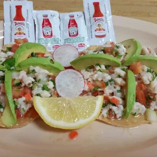 Shrimp  an fish ceviche tostadas.