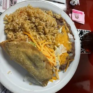 Shredded Beef Taco, rice and refried beans