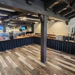 a restaurant with a long buffet table