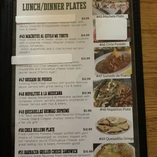 a menu for lunch and dinner plates