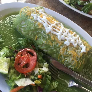 Chicken wet burrito. Good. Maybe little more flavor would be nice. Green sauce is spicy . Not extremely spicy tho.