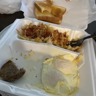 Eggs overeasy sausage hash browns toast