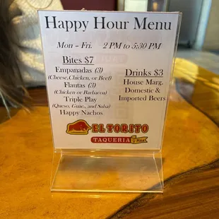 Happy hour menu