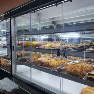 a display case of baked goods