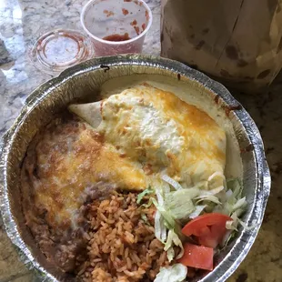 Chicken burrito...Spanish rice and refried beans... Excellent