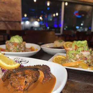 Pulpo a la diabla and shrimp ceviche