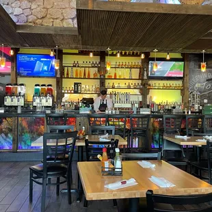 a bar with tables and chairs