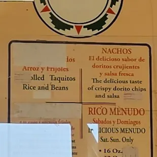 menu and prices