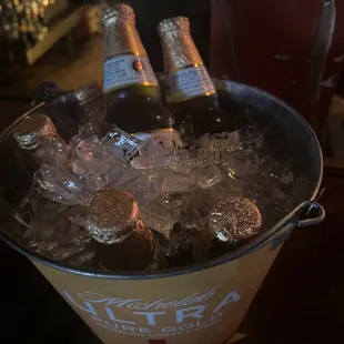 two bottles of beer in a bucket of ice