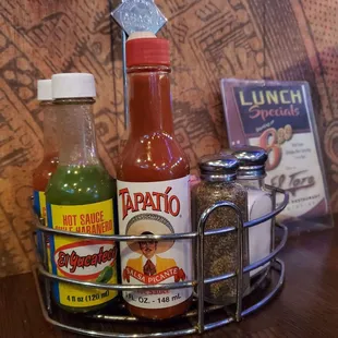 Hot sauces at the table.