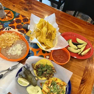 Mexi Street Taco Plate (steak and chicken), Rice and Beans, Sliced Avocados