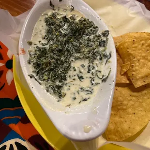 Spinach artichoke dip. Never saw/tasted any artichokes. Basically frozen spinach in cheese sauce. Do not recommend