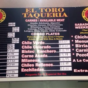 Taqueria menu board.