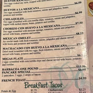 Breakfast menu