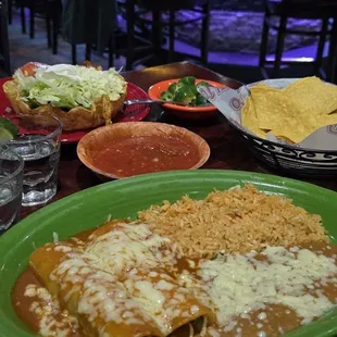 Chicken Enchiladas w/beans and rice
