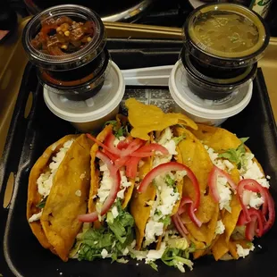 5 Fried beef/potato crunchy  tacos (and condiments from the salsa bar. Good flavor 1-4-24