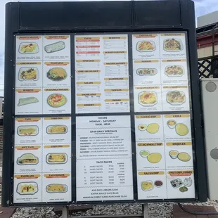 Menu as seen in the drive through at El Toro