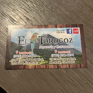 Business card. Definitely call with your order beforehand, if it's to go.