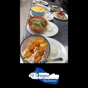 Pupusas, seafood soup, beef soup, tripe soup, kassava and pork