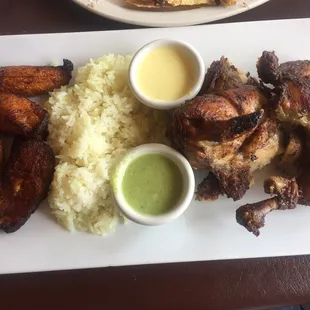 Peruvian chicken. The chicken was fresh, tender and well seasoned! These were the softest plantains I&apos;ve ever eaten.
