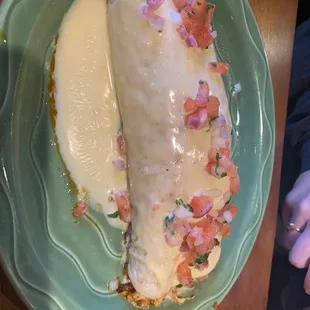 two burritos on a green plate