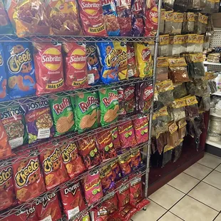 a variety of snacks in a grocery store