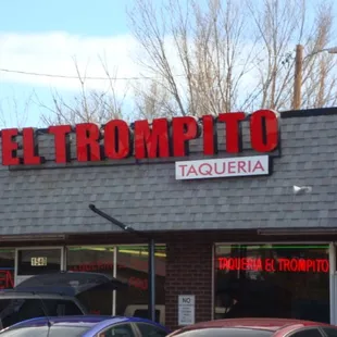 Taqueria El Trompito storefront, and signage up close. 1570 W. 70th Ave, Denver, CO 80221.  February 22nd 2014 visit.