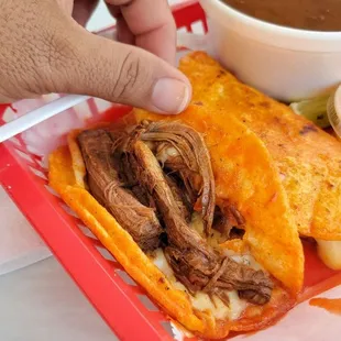 a hand holding a fork and a plate of food