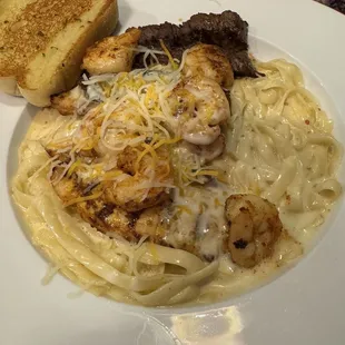 Trios Pasta: chicken, shrimp, and steak.