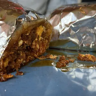 Veggie custom; soy chorizo, cheese, egg. Breakfast date and big enough to share.