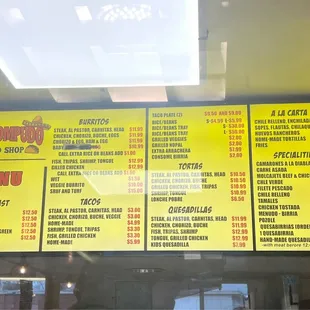 menu as of March 2023