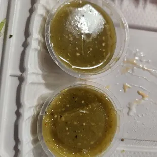 Green salsa. One liquid, one a gelatin.