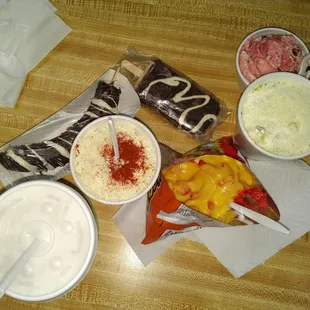 All my goodies, gansito icecream, corn cup, esquimal, hot cheetos n cheese, chocobanana, coco-nuez agua fresca