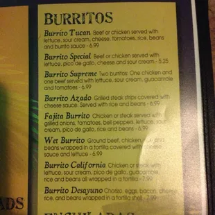 Burrito menu