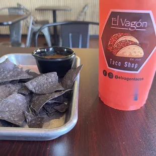 Chips and salsa with Agua Fresca (watermelon/guava)