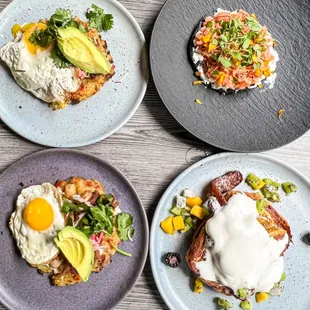 Carnitas Hash, smoked salmon tostada, tropical tres leche French toast