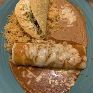 Combination with beef enchilada, beef taco, rice and beans