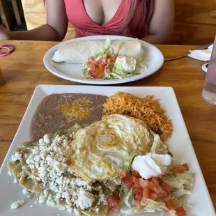 Chilaquiles and a Steak Breakfast Burrito.