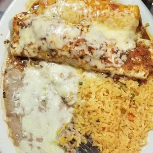 Chicken Burrito, Chicken Chimichanga, Rice and Beans - Flavor Overload