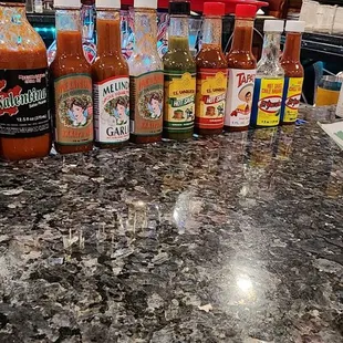 Hot sauces at the ready.   I told them to stand at attention