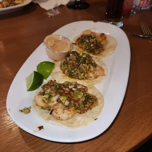 Three Shrimp Taco Dinner.  Too Much Salsa,  Not Enough Shrimp.  $15.99.