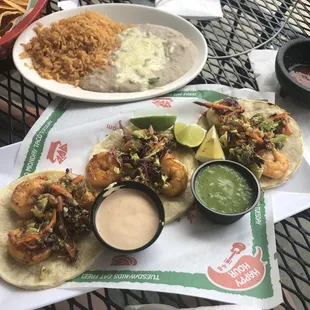 Shrimp tacos w/ a side of half-and-half rice and beans