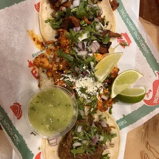 Taco al Pastor, Taco Pollo Margarita, and Taco Birira