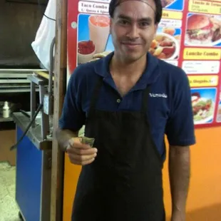 I had them get the taco dude to come out of the kitchen and I slipped him two extra bones as a tip