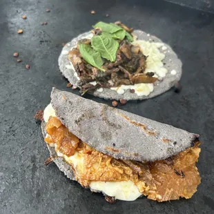 Shroom and pork belly quesadillas