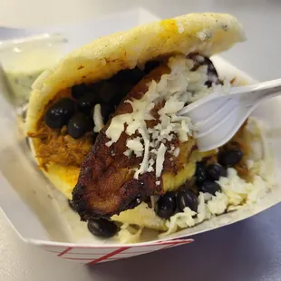Shredded beef, black bean, plantain arepa