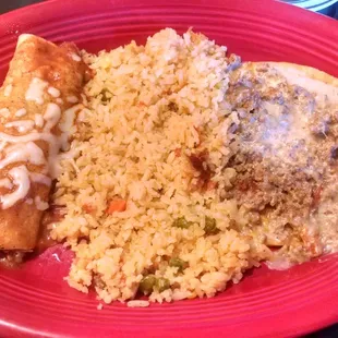 Enchilada, rice and tostada with chile con queso - lunch menu
