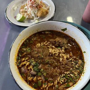 Birria Ramen and fish taco